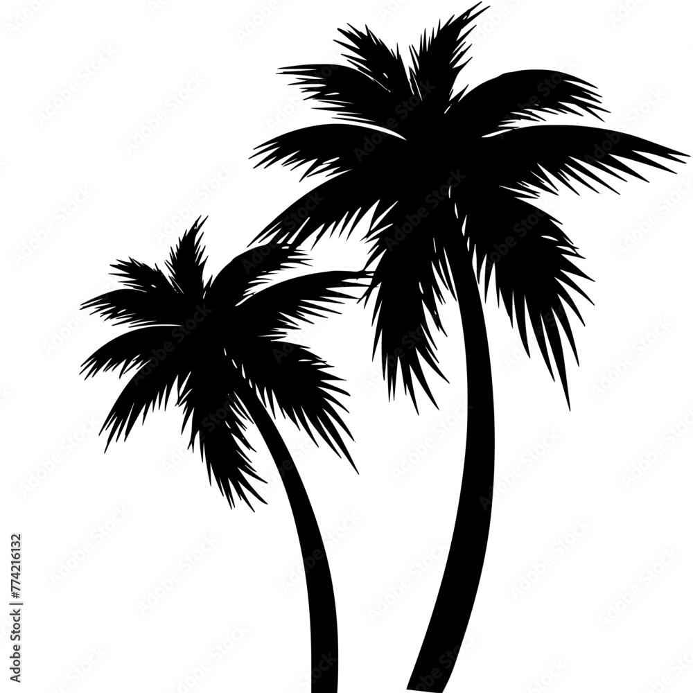 Coconut tree and plam  silhouette vector illustration, beach vibes, 