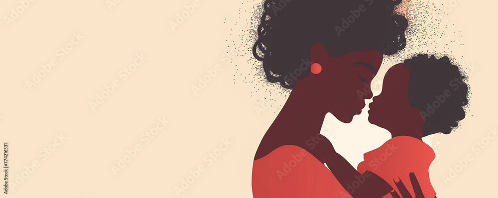 Cute african american black latina mother and child daughter son silhouette off white background mother's day family love copy space illustration