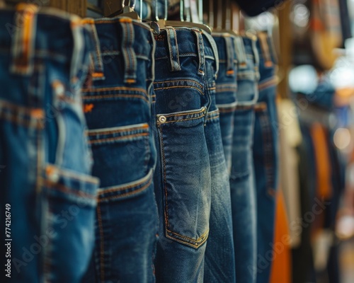 Hanging denim jeans, close-up on intricate textures, vibrant shop setting, high clarity