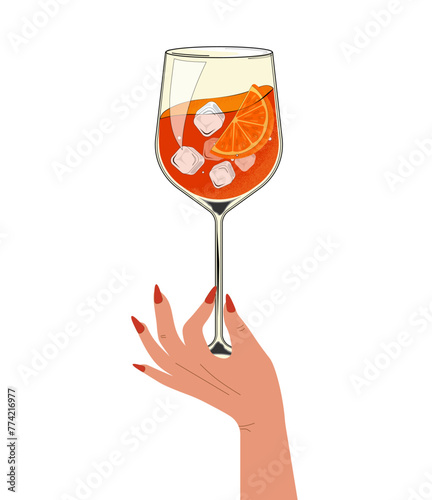 Aperol Spritz Cocktail in glass with hand. Hand drawn alcohol drink with orange slice and ice. Retro style. Vector illustration