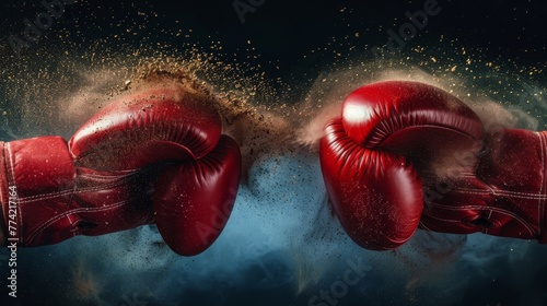 Two red boxing gloves collide with force, creating an explosive cloud of dust against a dark background © Supachai