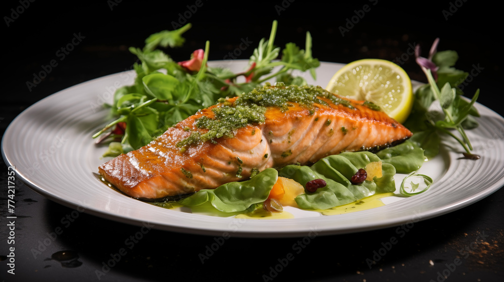 Pavé de saumon cuit, avec des rondelles de citron, de la coriandre et des aromates. Nourriture, poisson, plat. Pour conception et création graphique. Pavé de saumon cuit, avec des rondelles de citron, de la coriandre et des aromates. Nourriture, poisson, plat. Pour conception et création graphique.