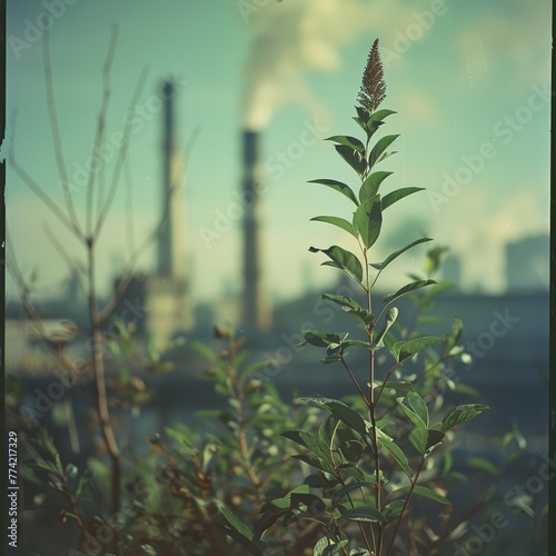 A vibrant green plant stands proudly in the foreground  contrasting with the smoke billowing from an industrial chimney in the background
