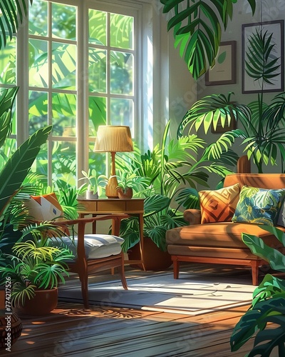 A welcoming digital illustration showcasing a serene indoor oasis of a cozy living room, complete with lush green houseplants, comfortable furniture, and homey decor © Pairat