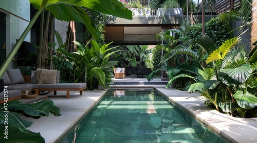 A lush green garden with a pool and a patio area