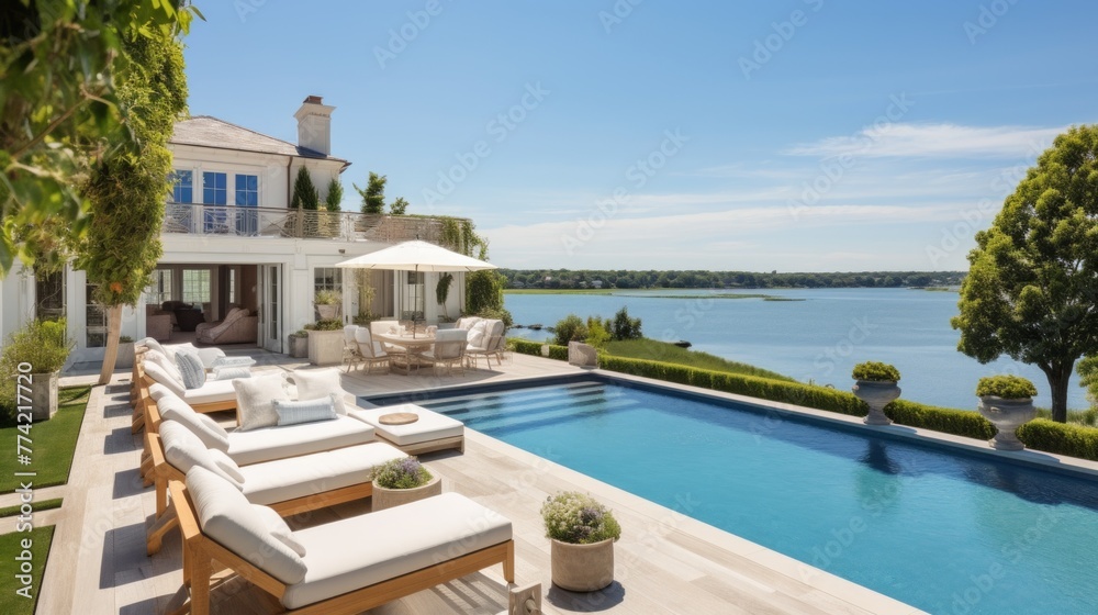 Fototapeta premium Mediterranean inspired villa with a sprawling garden and a private beach access in the exclusive Hamptons, New York