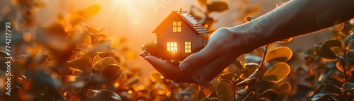 Visual representation of home energy efficiency, showcasing a stylized house being protected by two hands and bathed in warm sunlight to symbolize a sustainable living environment photo