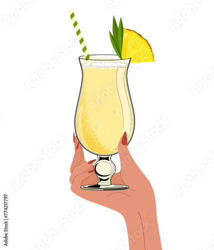 Pina Colada cocktail with pineapple slice. Hand drawn alcohol cocktail. Retro style. Vector illustration