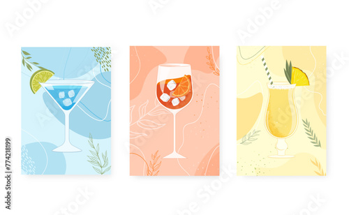 Set of printable posters of cocktail illustrations. Blue lagoon, aperol spritz and pina colada.