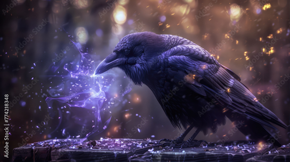 Obraz premium Black crows in misty forest. Fantasy world. Crow and magic atmosphere