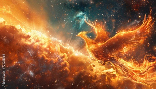 A fiery bird is flying through a cloudy sky by AI generated image