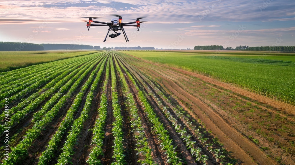 A drone is flying over a field of green crops A drone is flying over a field of green crops