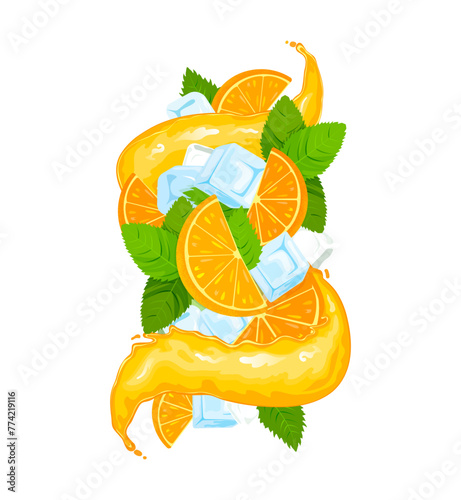 Orange juicy drink splash with flat style juice wave, ice cubes, lime and mint leaves. Vector illustration