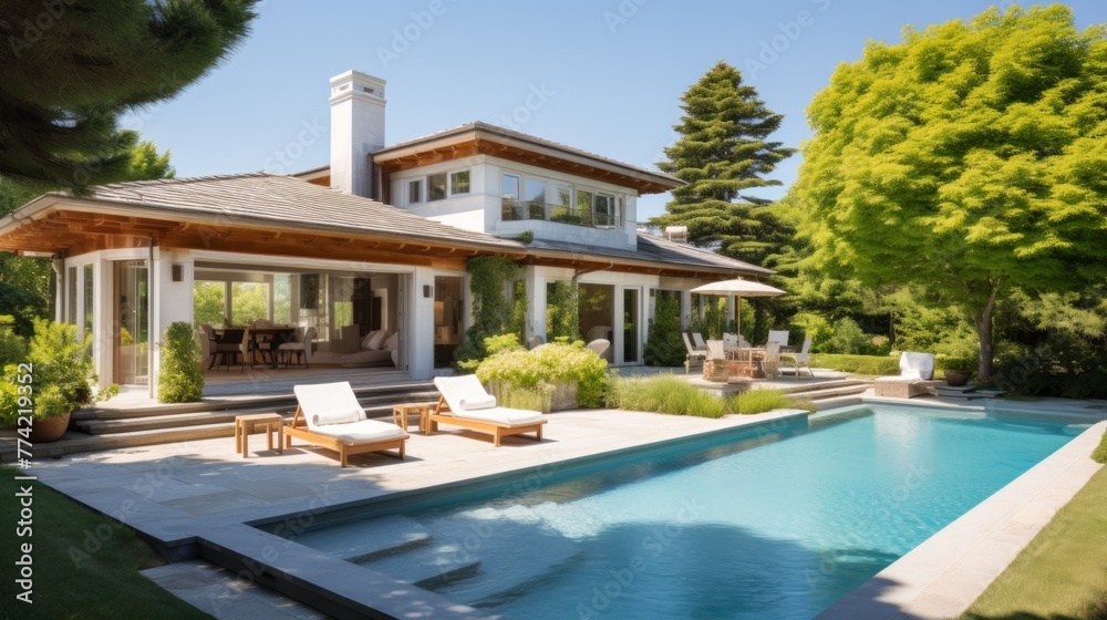 Mediterranean inspired villa with a sprawling garden and a private beach access in the exclusive Hamptons, New York