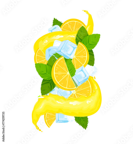 Lemon juicy drink splash with flat style juice wave, ice cubes, lime and mint leaves. Vector illustration