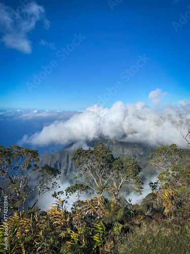 Views of amazing landscape in Hawaii with blue sky and low clouds