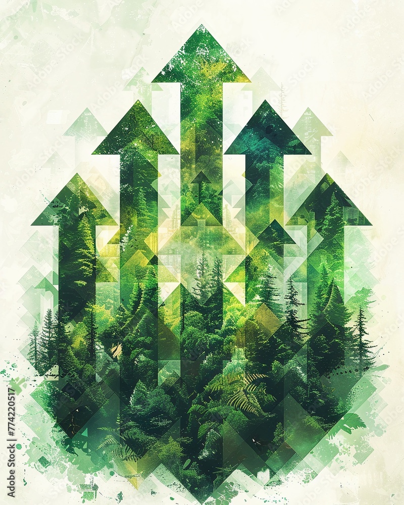 An artwork symbolizing sustainability and green development in business through a visual representation of interconnected upward arrows - obrazy, fototapety, plakaty 