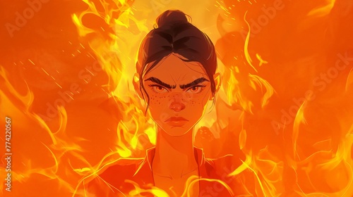 Woman's Fiery Stare Amidst Blazing Inferno