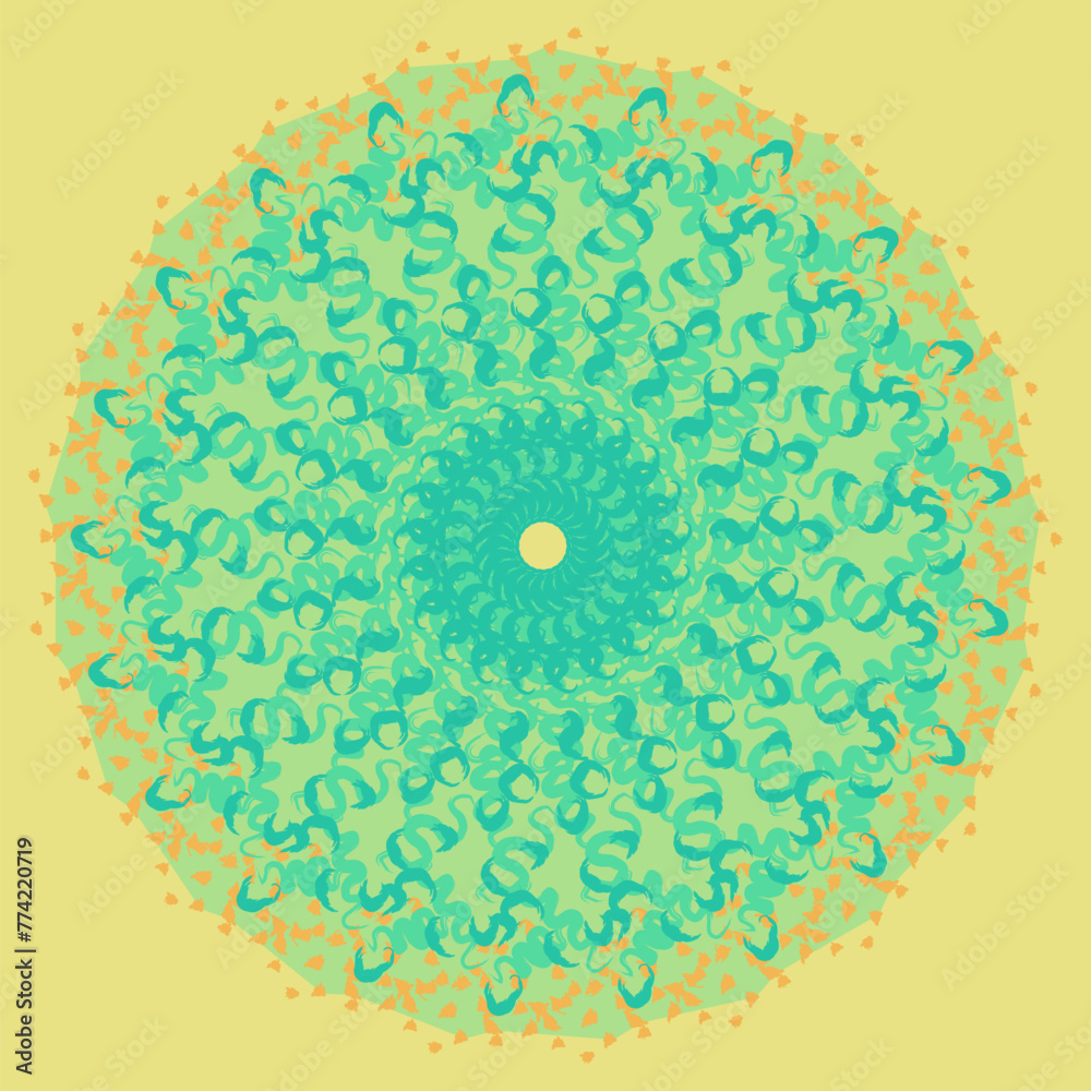 circle with abstract shapes whose colors are reminiscent of the ocean