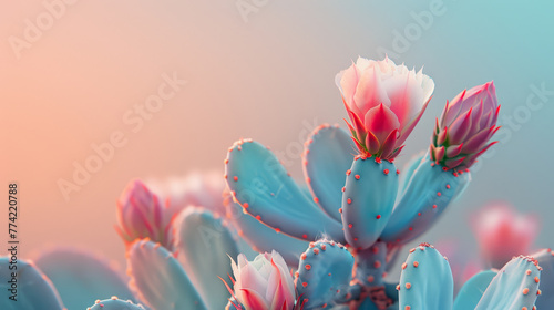 Close-up of a pink cactus flower in bloom with a soft-focus pastel-colored background..