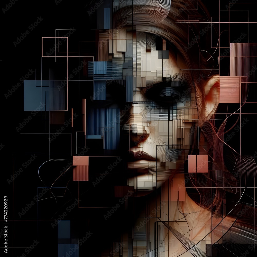 Fototapeta premium ai generated hyper realistic beautiful woman in a dark, moody atmosphere in the style of a SCI-FI thriller movie poster with abstract lines and geometric shapes
