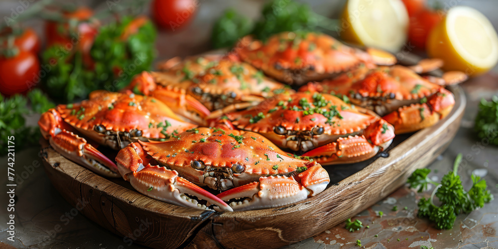 Fresh Cooked Crabs on Rustic Wooden Board. Fresh Cooked Crabs on Rustic Wooden Board.