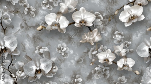 Orchids with petals of thin, translucent gemstones, each stem and leaf coated in a sleek platinum metallic sheen, symbolizing luxury refined beauty in the wild created with Generative AI Technology © Sentoriak