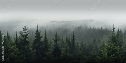 The dense forest is obscured by a veil of fog  creating an ominous ambiance.