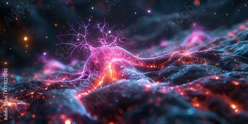 3D rendering of a neuron synapse illustrating cell biology. Concept Cell Biology, 3D Rendering, Neuron Synapse, Scientific Illustration photo