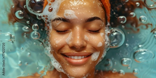 A smiling woman with eyes closed applies cleansing foam to her face wearing a headband and earrings. Concept Beauty routine, Skincare products, Pampering session, Facial cleansing, Lifestyle shot