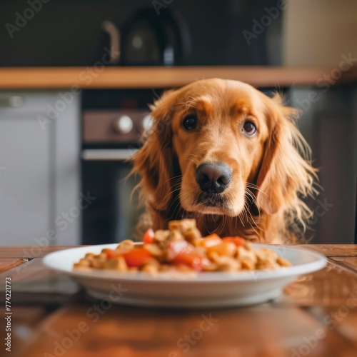 Close-up of a dog with soulful eyes eagerly awaiting to eat from a bowl filled with crunchy dog kibble.