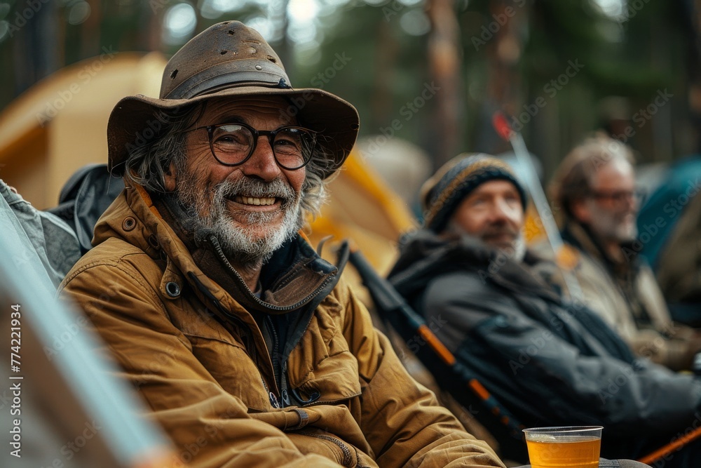 Happy senior man in a hat enjoying time with friends at a campsite