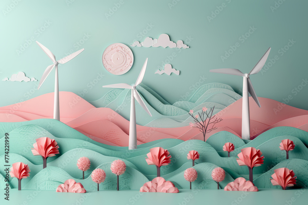 Fototapeta premium Beautifully crafted paper art landscape featuring wind turbines amid rolling hills, under a pastel sky at sunrise..