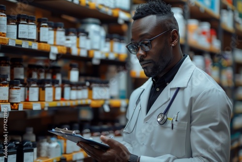 Professional pharmacist inspecting medication inventory on shelves while holding a clipboard, symbolizing healthcare and responsibility