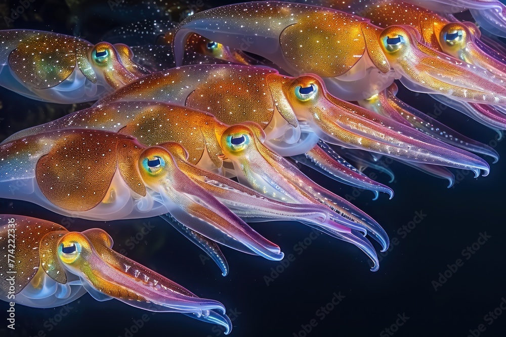 A group of squid with glowing eyes