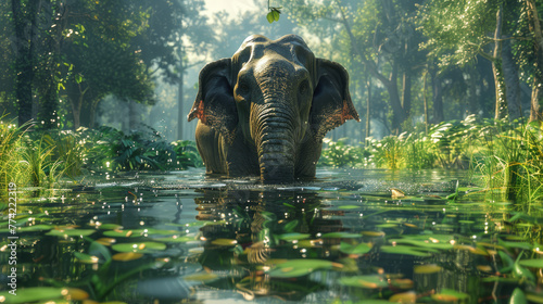 Elephant Submerged in Water Surrounded by Greenery.