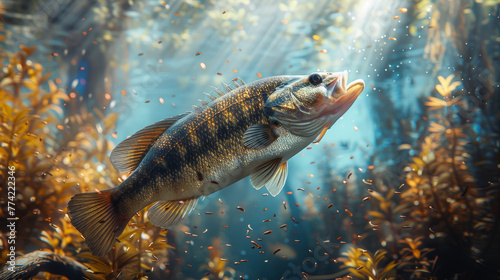 A bass fish glides through its underwater habitat, surrounded by vibrant aquatic plants and sunlight filtering through water..