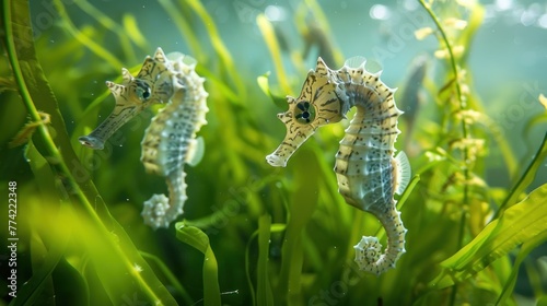 Two seahorses swimming in a green sea of seaweed