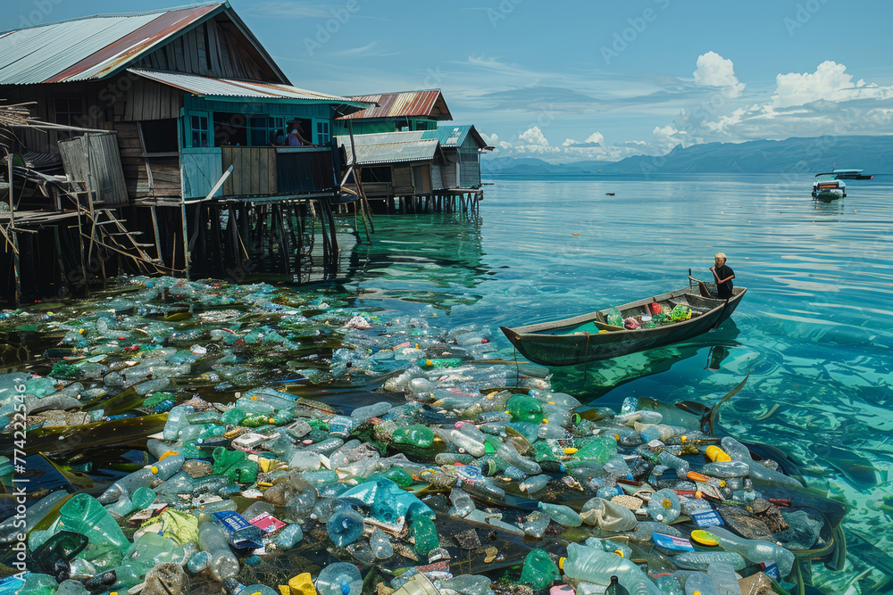 Obraz premium Pollution Crisis in Coastal Village Waters.