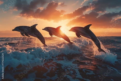 Three dolphins jumping out of the water in the ocean photo
