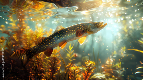 A Northern Pike swims gracefully amongst underwater flora, illuminated by the dappled sunlight piercing the water's surface..