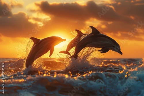 Three dolphins are leaping out of the water in the ocean