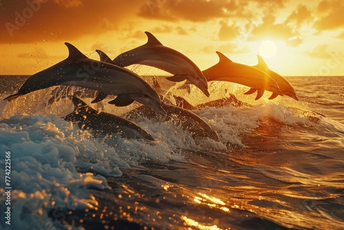 A group of dolphins are leaping out of the water in a beautiful sunset