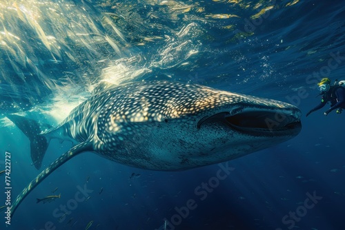 A large whale is swimming in the ocean with a person in a yellow wetsuit swimmin