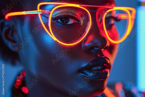 Abstract image with vibrant neon lights surrounding a blurred human face, evoking a sense of mystery and technology