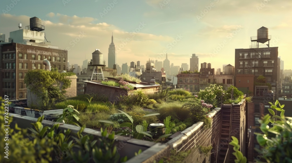 A cityscape with a rooftop garden and a building with the word 