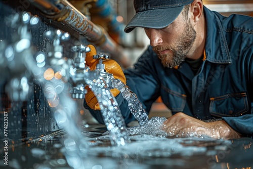 A man in work attire repairing pipes with water splashing around, focus on his skilled labor and craftsmanship