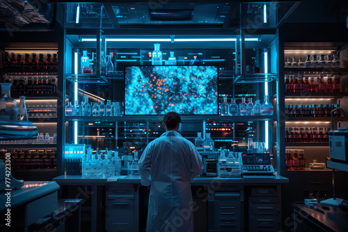 A focused scientist conducts experiments in a vibrantly lit laboratory filled with advanced equipment.