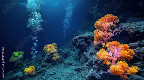 A colorful coral reef with a variety of sea life