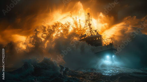 A fishing boat faces the formidable power of nature, cutting through towering stormy waves under a tumultuous sky..